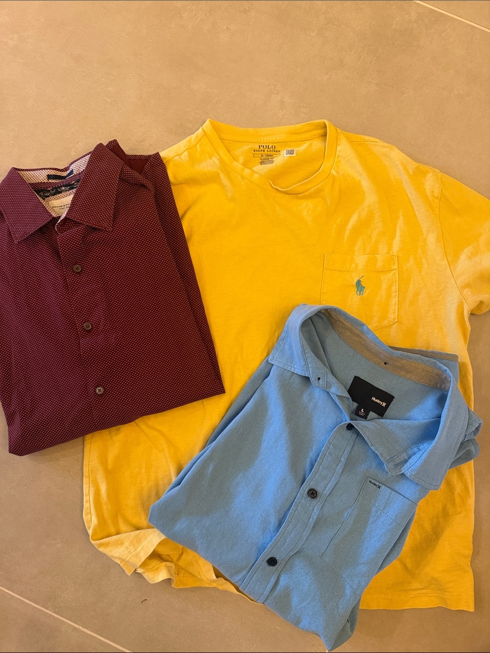 BUNDLE - Polo by Ralph Lauren Yellow Pocket Tee with Blue & Burgundy Shirts